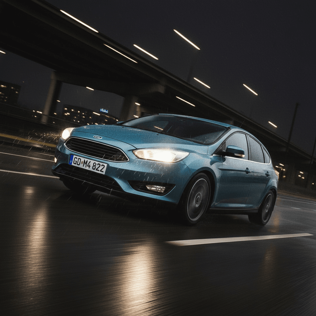 Ford die door de regen rijdt