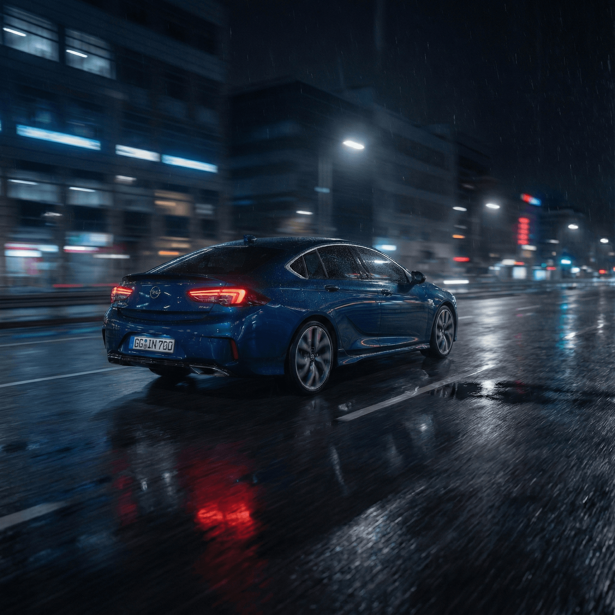 Opel die door de regen rijdt